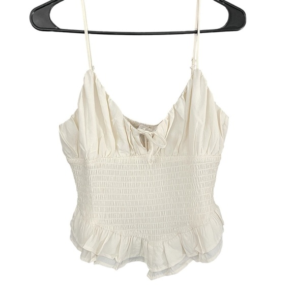 One clothing  Cream Bustier Top L Smocked Ruffle Hem Cami Y2K Boho Cottagecore - Picture 2 of 6